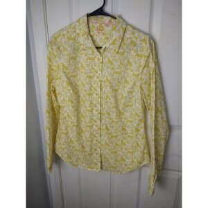 Boden Woman 10 LS Yellow White Cat Bird Floral Collared Button Classic Shirt